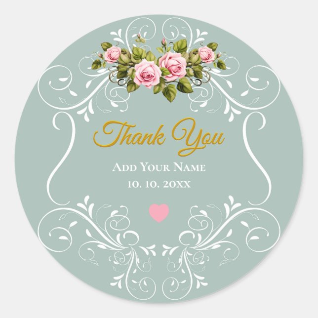 Sticker Rond Roses roses et feuillage vert sauge Merci (Devant)