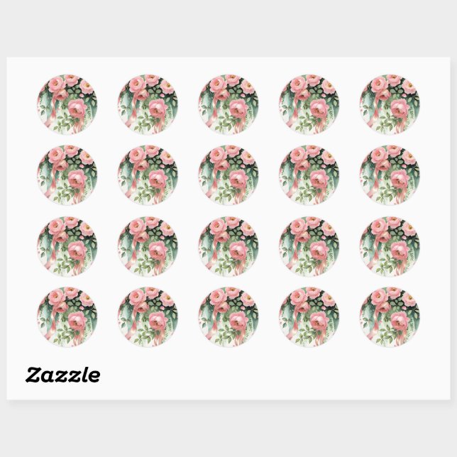 Sticker Rond Roses roses et rubans (Feuille)