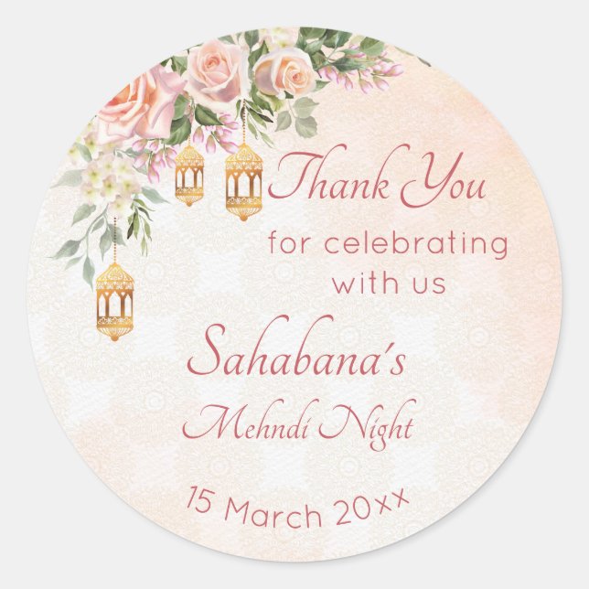 Sticker Rond Roses roses pastel crème avec lanternes marocaines (Devant)