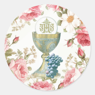 Sticker Rond Roses roses roses de la Première Communion Catholi