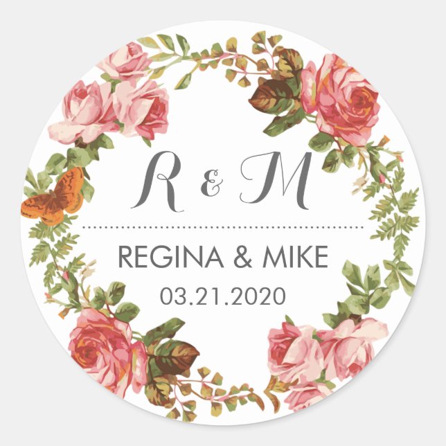 Sticker Rond Roses roses roses Florales Wreath Monogramme Print (Devant)