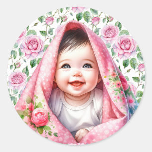 Sticker Rond Roses roses roses mignonnes et Fille bébé souriant
