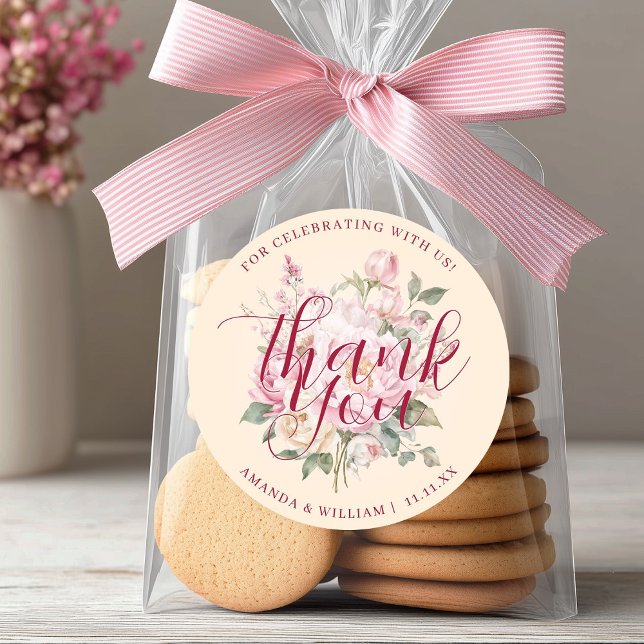 Sticker Rond Roses roses roses modernes et élégantes Fleurs Mer (Modern Classy Pink Roses Flowers Thank You Favor Classic Round Sticker)
