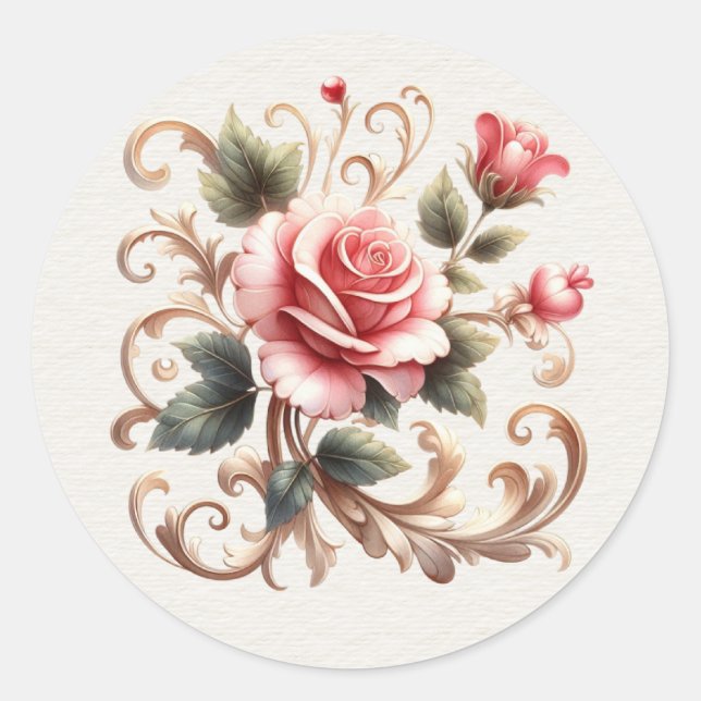 Sticker Rond Roses roses roses or Filigree Valentine (Devant)
