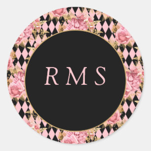 Sticker Rond Roses roses sur le Monogramme arlequin