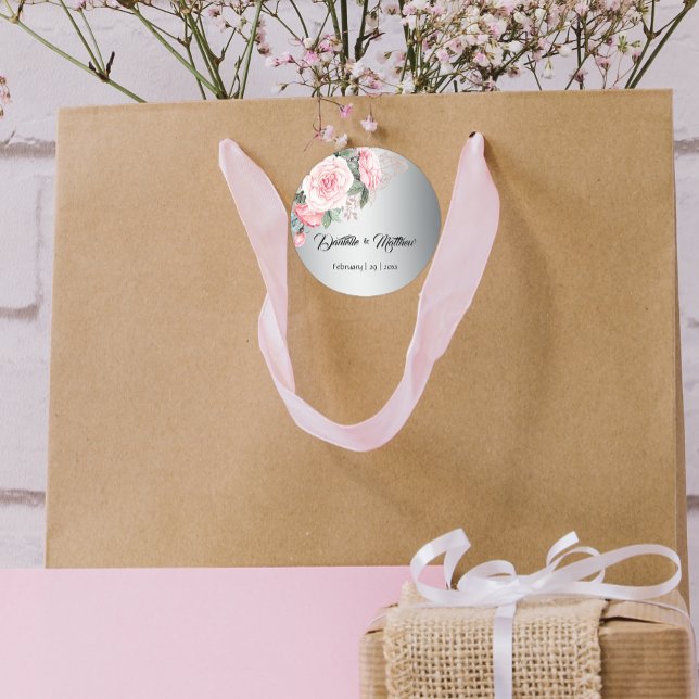 Sticker Rond Roses roses sur Mariage Botanique Argent (Créateur téléchargé)