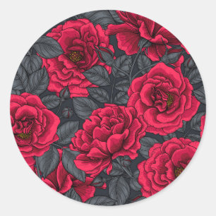 Sticker Rond Roses rouges avec feuilles gris sur noir