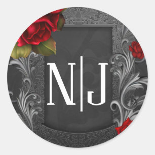 Sticker Rond Roses Rouges Cadeau de Mariage Gothique Orné Noir