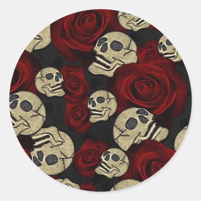 Sticker Rond Roses Rouges & Crânes Floral Gothique Gris Noir (Devant)