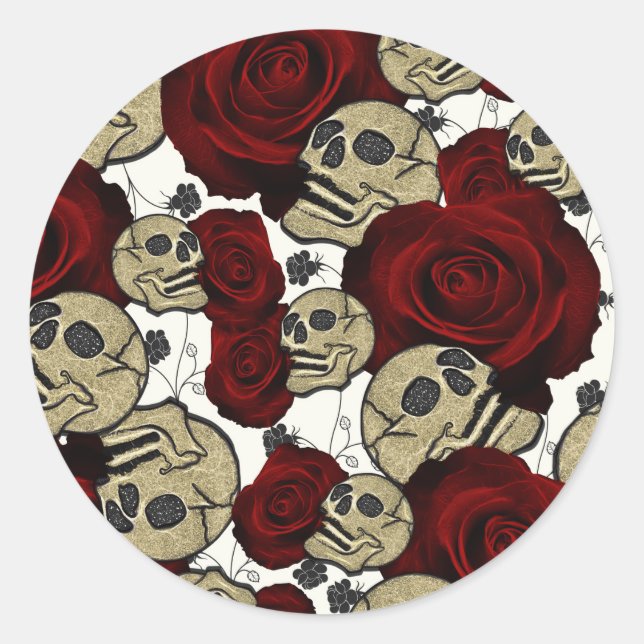Sticker Rond Roses Rouges & Crânes Floral Noir Gothique Blanc (Devant)
