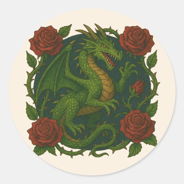 Sticker Rond Roses rouges dragon vert (Devant)