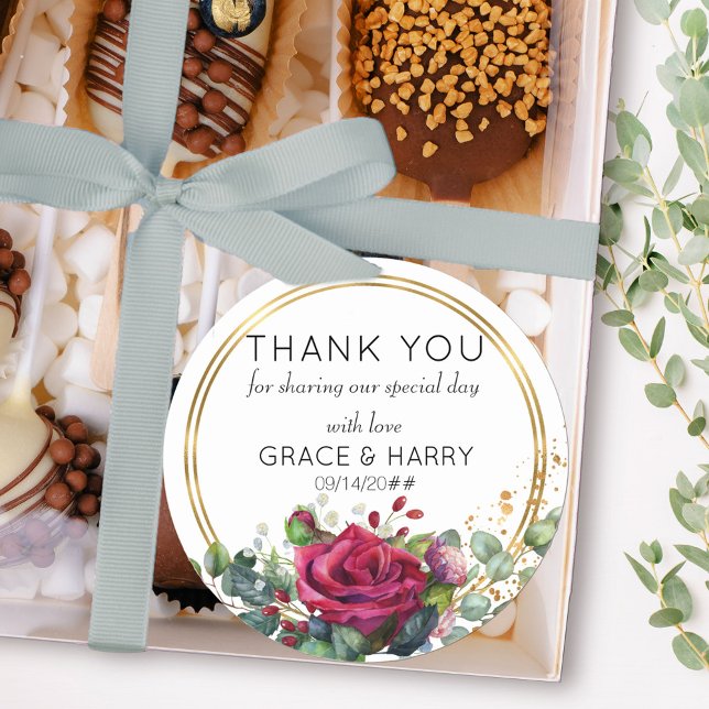 Sticker Rond Roses rouges en Anneaux d'or Mariage Faveur Merci (Thank you stickers from my Red Rose and Eucalyptus collection)