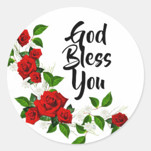 Sticker Rond Roses rouges fleurs blanches Dieu vous bénisse