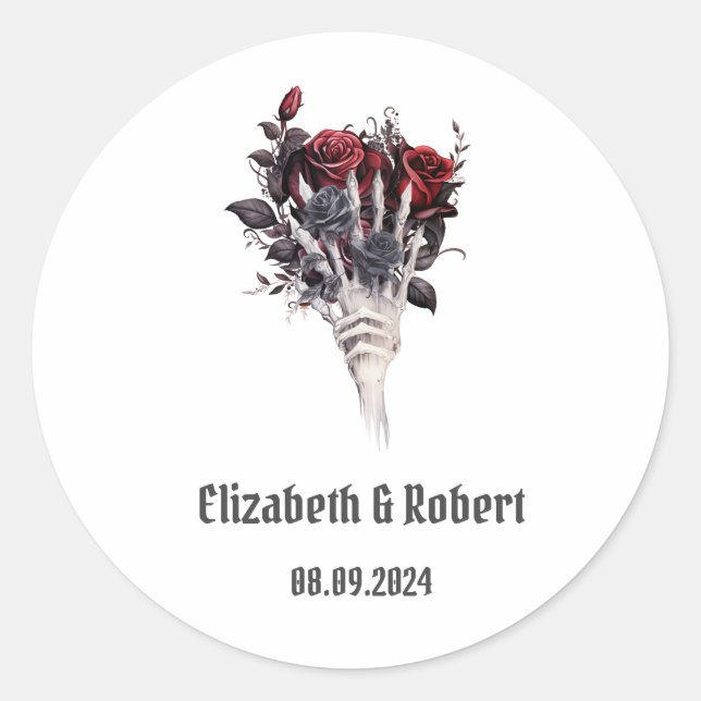 Sticker Rond Roses rouges gothiques Squelette Mariage (Devant)