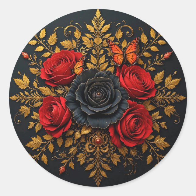 Sticker Rond Roses Rouges & Noires Floraison Romantique (Devant)