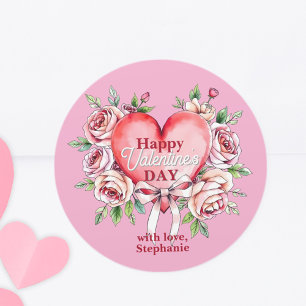 Sticker Rond Roses rouges romantiques et coeur Saint-Valentin