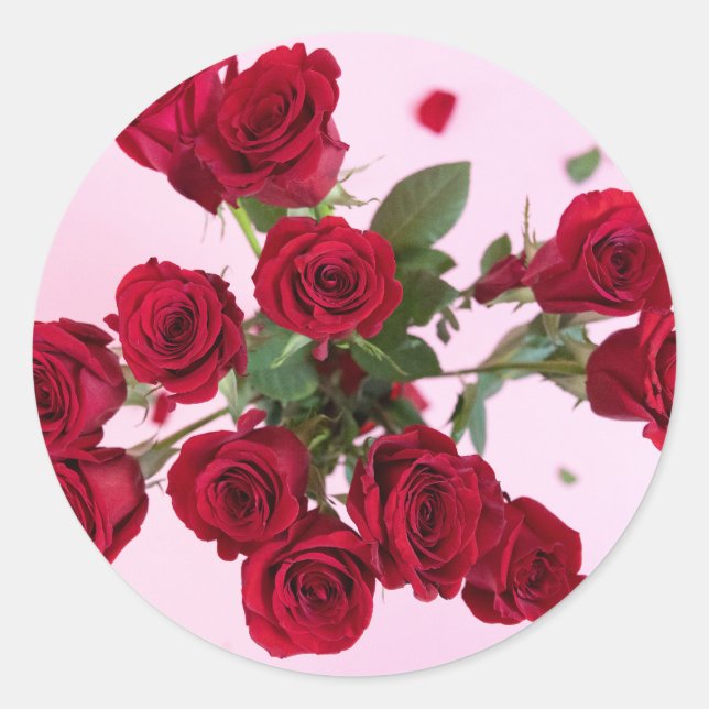 Sticker Rond Roses rouges sur rose Élégant Romantique Classic R (Devant)