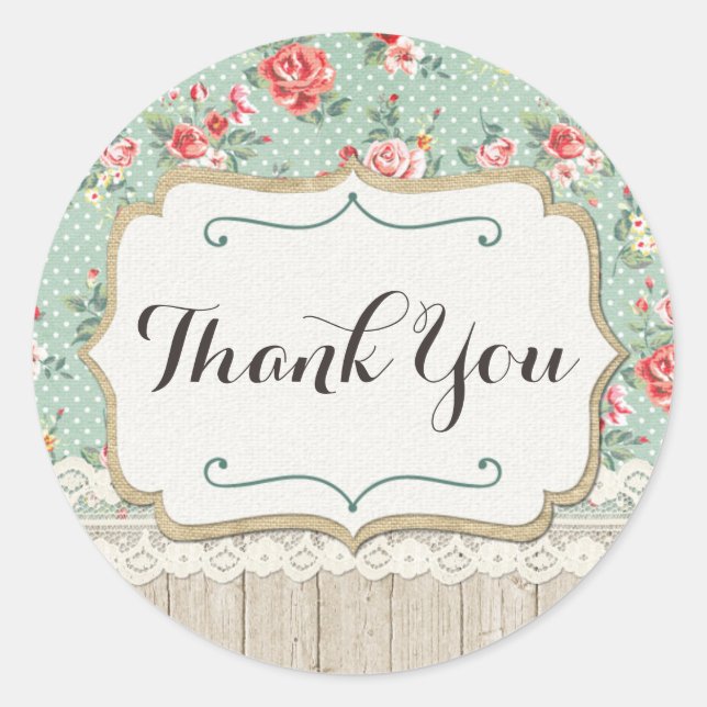 Sticker Rond Roses Shabby Chic, dentelle et toile de jute Merci (Devant)