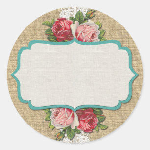 Sticker Rond Roses Shabby Chic sur dentelle vintage et toile de