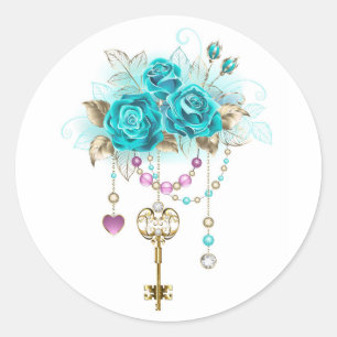 Sticker Rond Roses turquoise avec touches