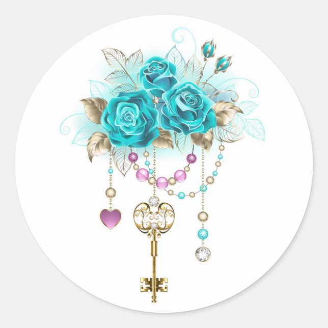 Sticker Rond Roses turquoise avec touches (Devant)