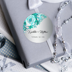 Sticker Rond Roses turquoise sur Mariage argenté