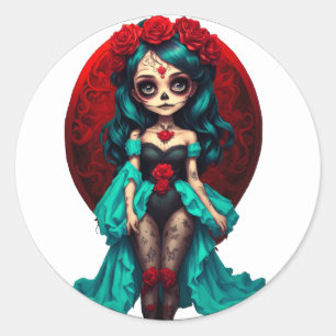 Sticker Rond Roses turquoises et Rouges Sugar Skulls enveloppe 
