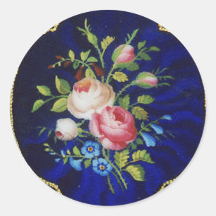 STICKER ROND ROSES VINTAGES ET FLEURS DANS LE BLEU