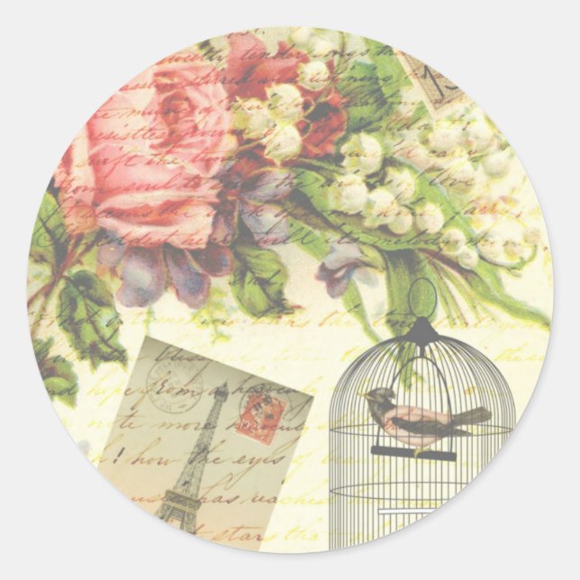 Sticker Rond Roses vintages et oiseaux en cage (Devant)