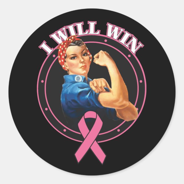 Sticker Rond Rosie Le Riveter Je Gagnerai Le Cancer Du Sein (Devant)