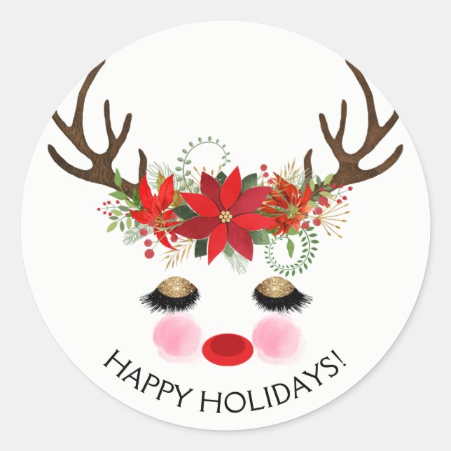 Sticker Rond Rosy Cheeks Gold Eyes Floral Reindeer Holiday (Devant)