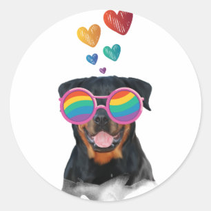 Sticker Rond Rottweiler Chien avec Coeurs Saint-Valentin