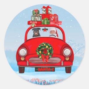 Sticker Rond Rottweiler Chien En Voiture Avec Le Père Noël