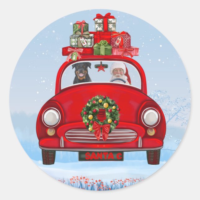 Sticker Rond Rottweiler Chien En Voiture Avec Le Père Noël (Devant)