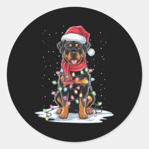 Sticker Rond Rottweiler Chien Santa Chapeau Noël Arbre Lumière 