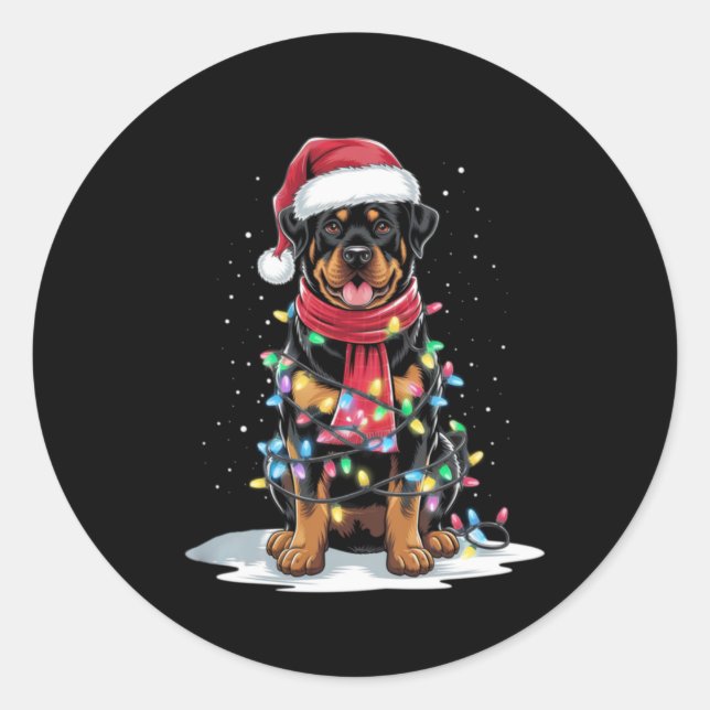 Sticker Rond Rottweiler Christmas Tree Santa Hat Lights Xmas Do (Devant)