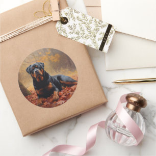 Sticker Rond Rottweiler dans les feuilles d'automne automne aut