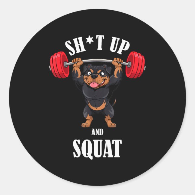 Sticker Rond Rottweiler drôle de fitness Squating Workout Halté (Devant)