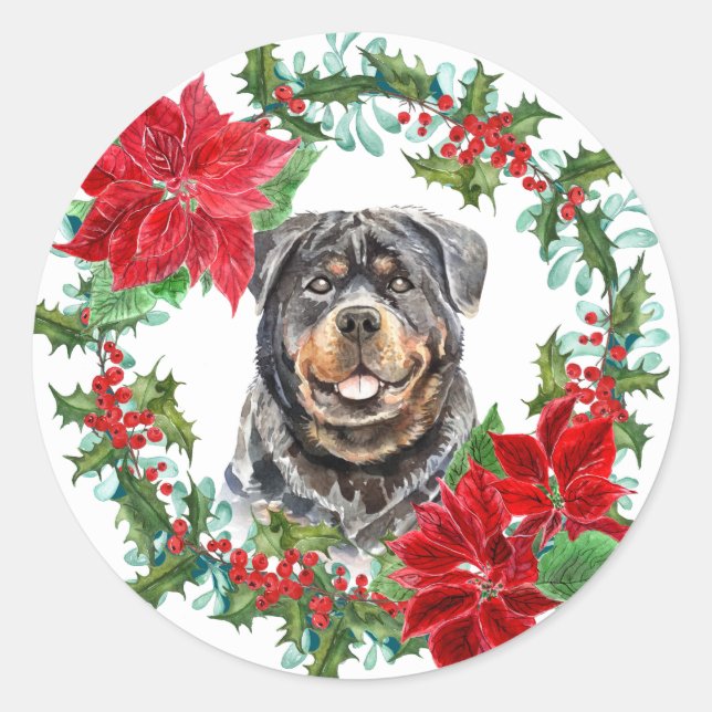 Sticker Rond Rottweiler Poinsettia Holly Berry (Devant)
