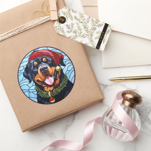 Sticker Rond Rottweiler Vitrail de Noël (Cadeaux)