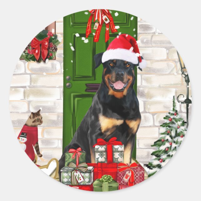 Sticker Rond Rotweiler Chien Noël (Devant)