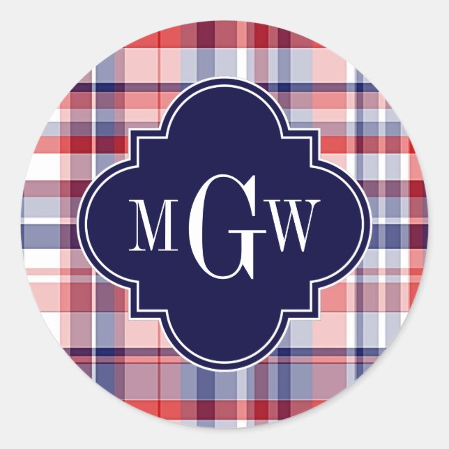 Sticker Rond Rouge Blanc Bleu Prépa Madras Monogramme (Devant)
