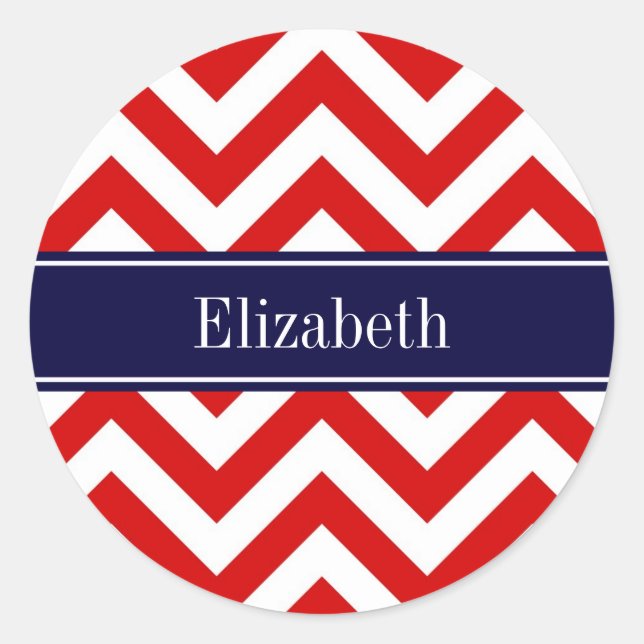 Sticker Rond Rouge Blanc Chevron LG Bleu Marine Monogramme Init (Devant)