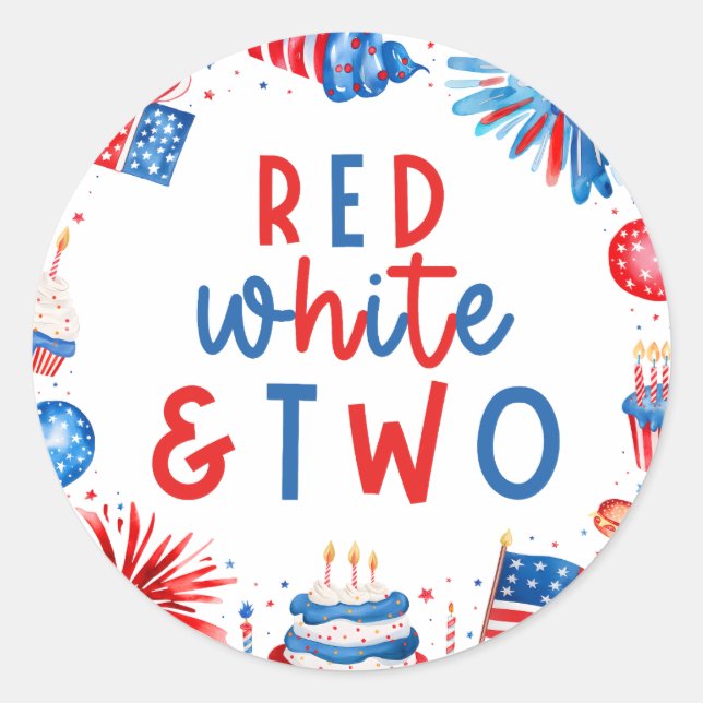 Sticker Rond Rouge, Blanc & Deux Fête d'anniversaire pour les 2 (Devant)