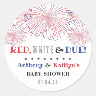 Sticker Rond Rouge, Blanc & Due ! baby shower 4 juillet