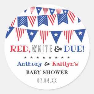 Sticker Rond Rouge, Blanc & Due ! baby shower 4 juillet