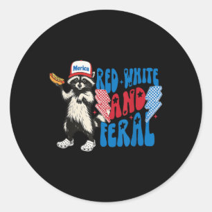 Sticker Rond Rouge Blanc Et Feral Funny Raccoon 4 juillet Sayi