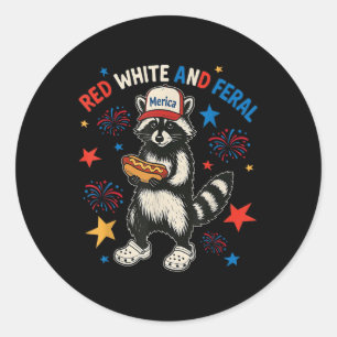 Sticker Rond Rouge Blanc Et Feral Funny Raccoon 4 juillet T-sh
