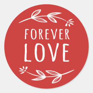 Sticker Rond Rouge & Blanc Laurel Leaf Amour Éternel Mariage Fê