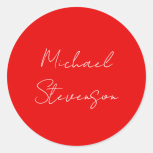 Sticker Rond Rouge Blanc manuscrit Minimaliste Votre Nom